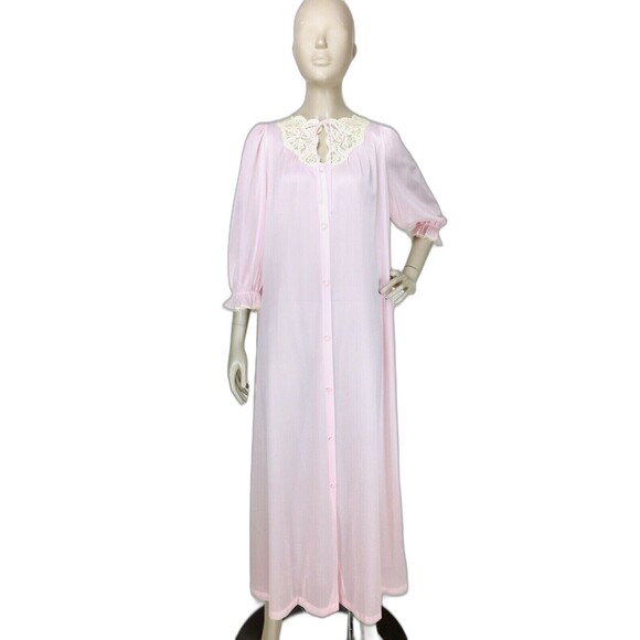 Vintage Miss Elaine Pink Nylon Lace Trim Button-Down Peignoir Robe Size Medium - Picture 8 of 12